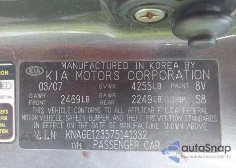 2007 Kia Optima Lx z USA, uszkodzony, nr VIN KNAGE123575141332